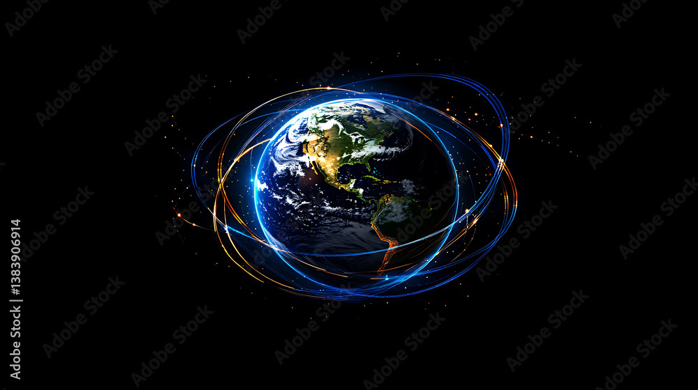 Poster Global network connection covering the earth with lines of innovative perception, concept of 5g wireless digital connection and future in the internet of things