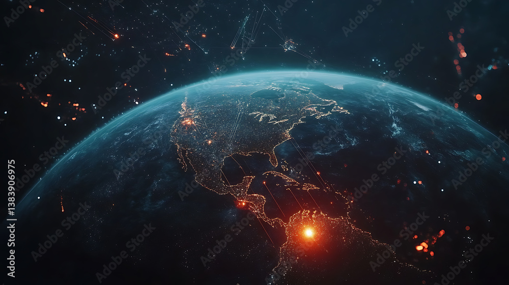 Poster global network connection covering the earth with lines of innovative perception, concept of 5g wire