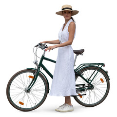 Woman in a white dress and wearing a hat standing with a bicycle isolated on transparent background