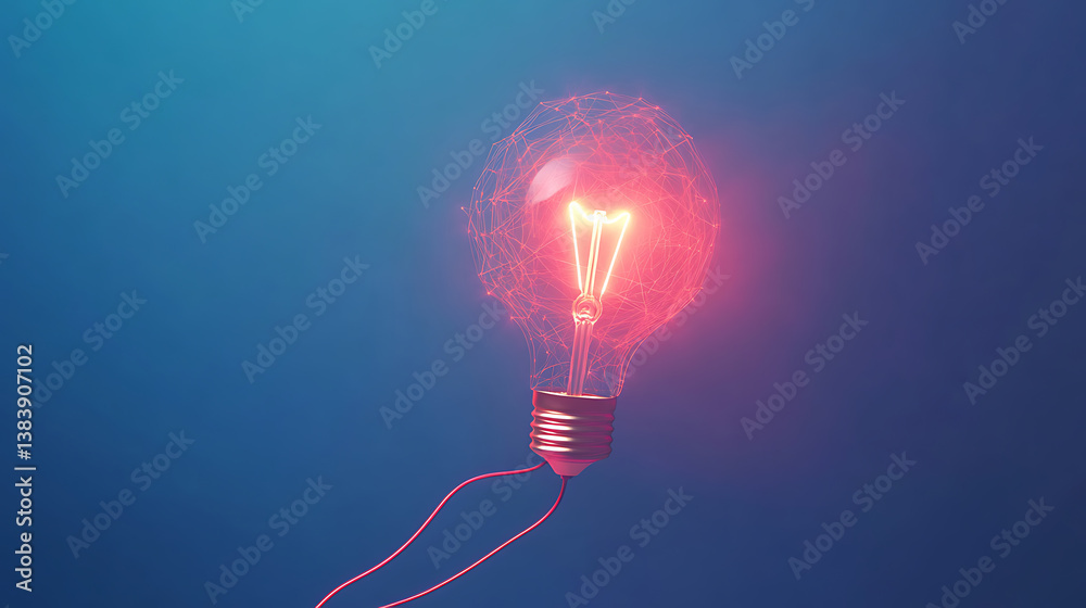 Poster glowing light bulb on blue background with connection lines