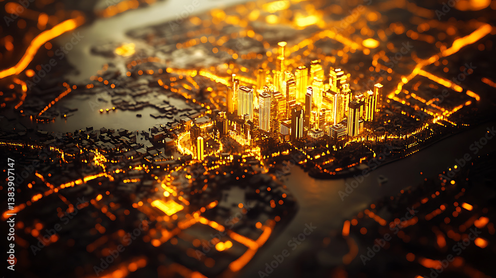 Aufkleber Glowing map with city hologram on blurry background, abstract metaverse virtual reality concept building and digital map, 3d rendering