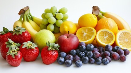 A vibrant assortment of fresh fruits including bananas grapes strawberries and citrus fruits on display