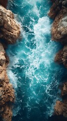Aerial View of Turbulent Turquoise Ocean Water Between Rugged Rocks

