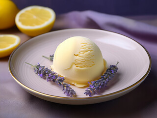 A scoop of pale lemon-lavender sorbet in soft pastel tones, served in a minimalist dish. The gentle colors and creamy texture evoke a calm, refreshing, and elegant summer treat.
