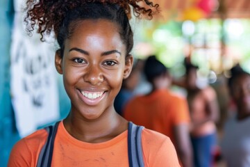 Naklejka premium Young african american female volunteer at community center