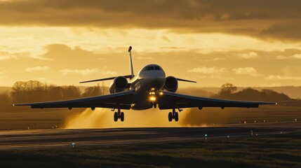 Fototapeta premium Private jet takes off from runway at sunset, showcasing dramatic light and dynamic movement, with water vapor rising from the tarmac creating a visually striking scene.