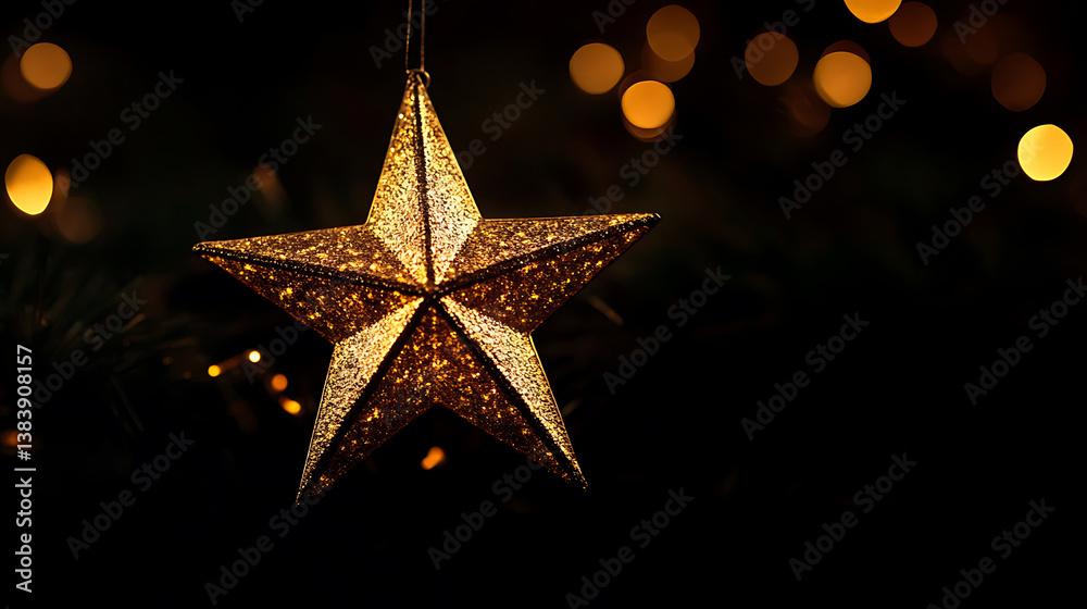 Poster golden star with sparks and bokeh on black background