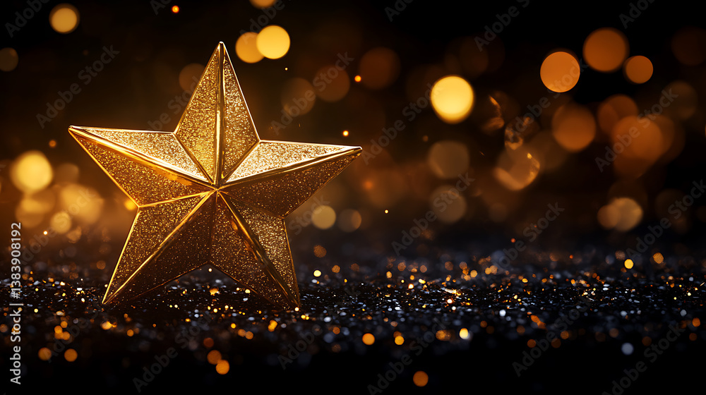 Poster golden star with sparks and bokeh on black background