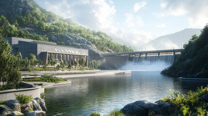 Hydroelectric dam in mountain valley, water flowing over dam, green landscape.