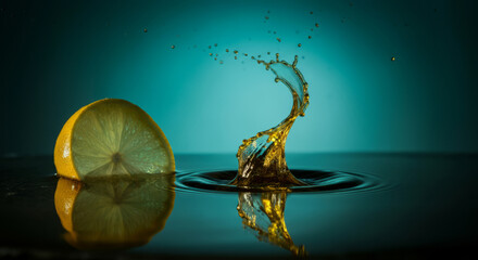 Lemon slice with splash and reflection in turquoise water