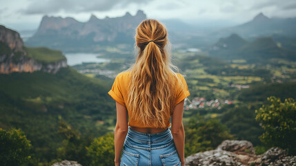 Naklejka premium Lost in Panoramic View: A woman with flowing blonde hair stands on a cliff, gazing at the awe-inspiring vista of rolling mountains and verdant valleys.