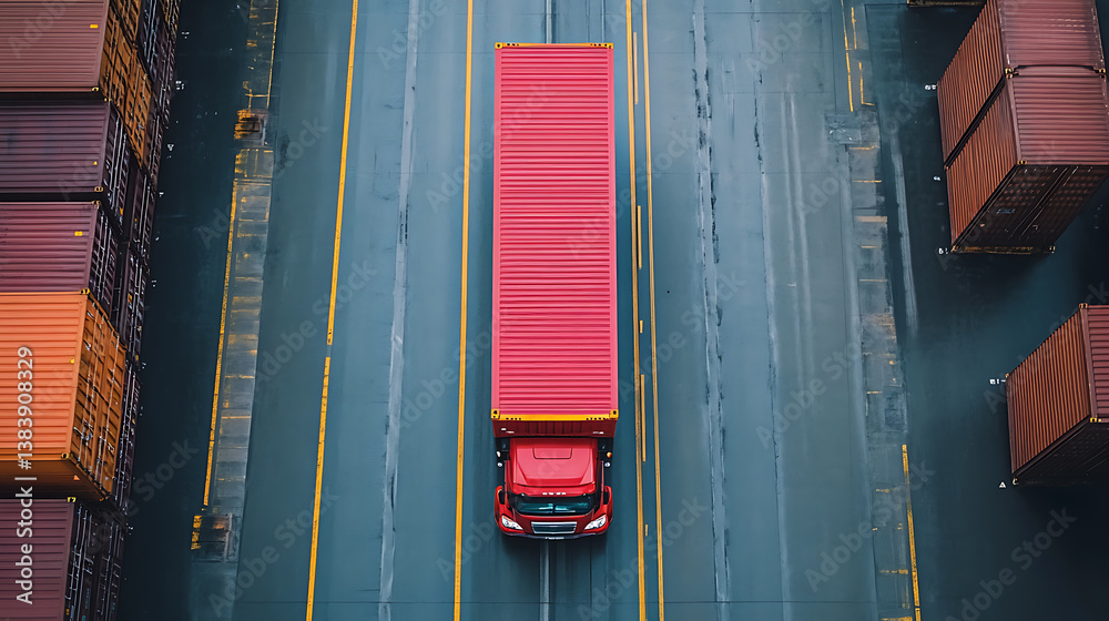 Poster Gps tracking from top view moving truck with container on a map