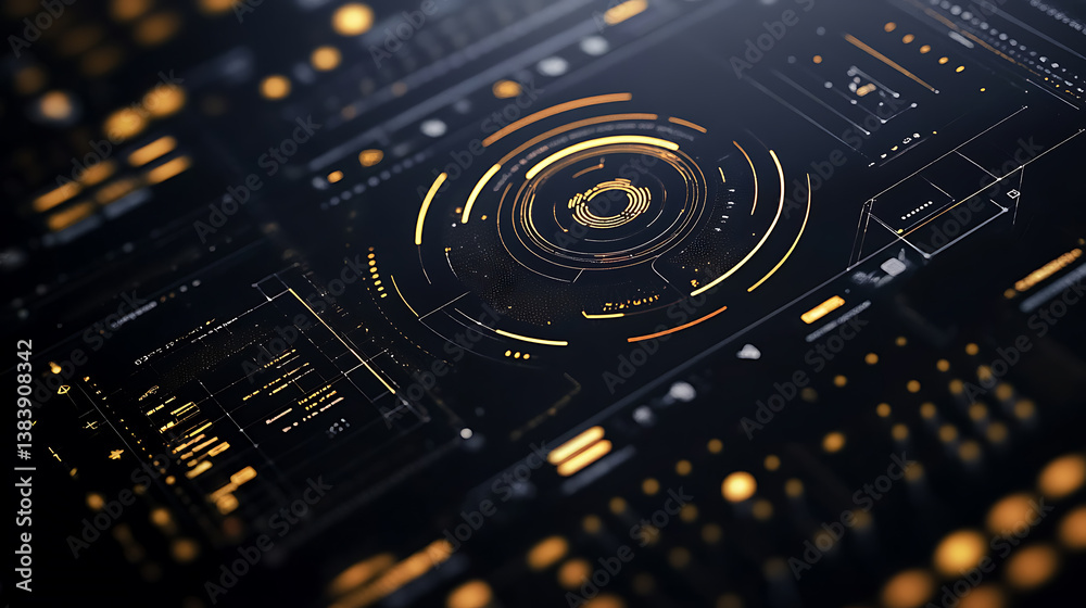 Poster Graph illustration showing abstract design elements of an interface on a screen computer, concept for mobile devices using software development technologies, laptop, phone, tablet on tabletop view