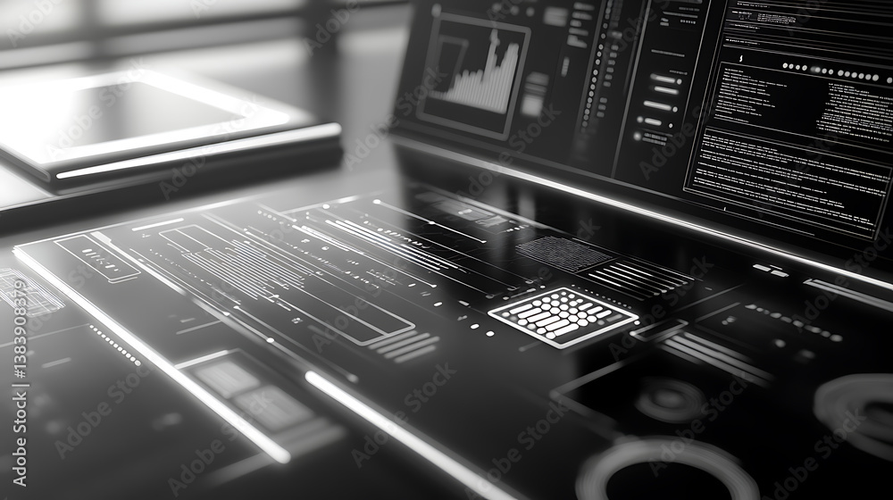 Poster Graph illustration showing abstract design elements of an interface on a screen computer, concept for mobile devices using software development technologies, laptop, phone, tablet on tabletop view