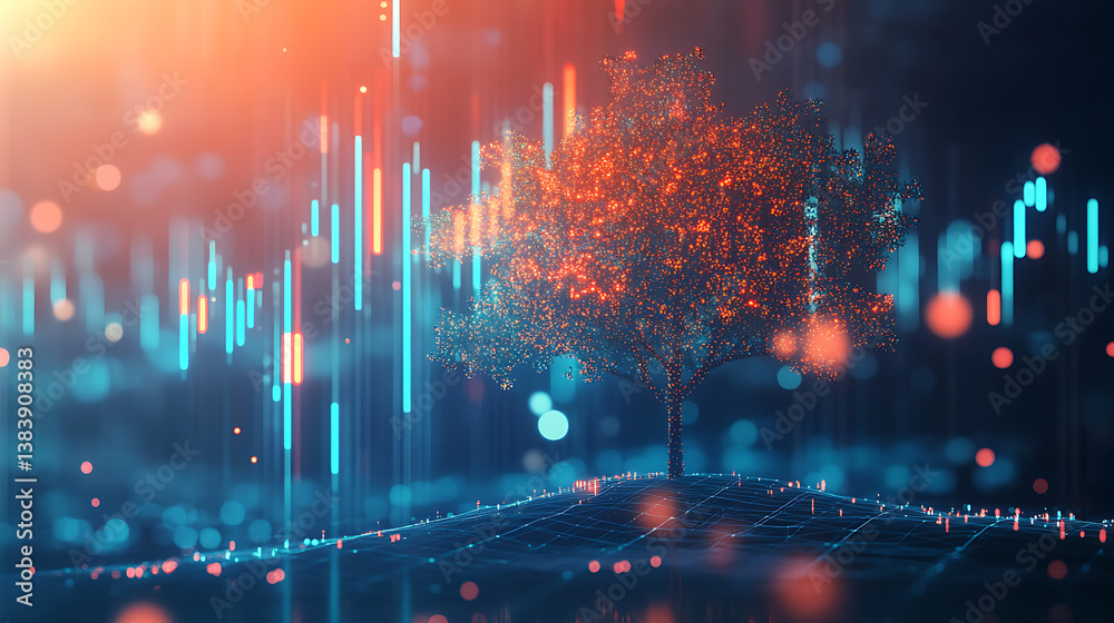 Poster Graph with numbers in a futuristic polygonal style on top of digital tree illustration, concept of capital or investing or stock market, modern illustration with a light effect