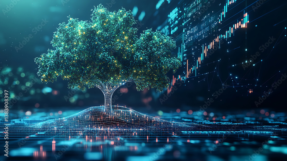 Aufkleber graph with numbers in a futuristic polygonal style on top of digital tree illustration, concept of c