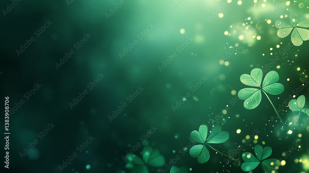 Poster green background with three-leaved shamrocks