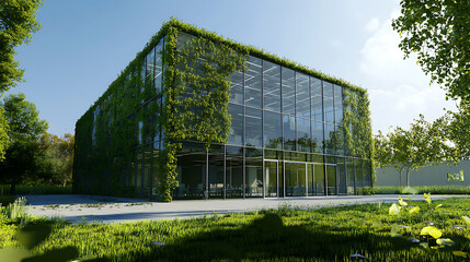 Obraz premium Green building, eco-friendly building, office with green environment, glass office building reduces co2, safe glass building
