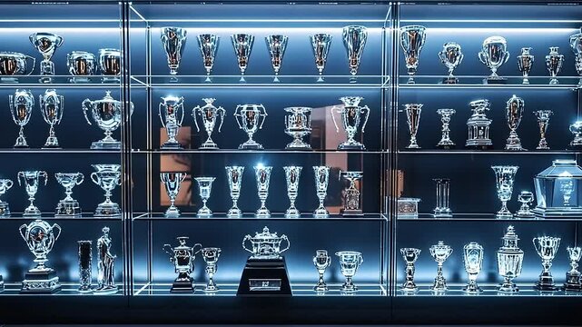 Display of gleaming trophies and awards in a modern showcase, highlighting achievements and success