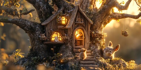 Obraz premium Tiny Enchanted Treehouse Animal Shelter Hidden in a Magical Forest Wallpaper Background for Whimsical, Fantasy, and Cozy Design Projects