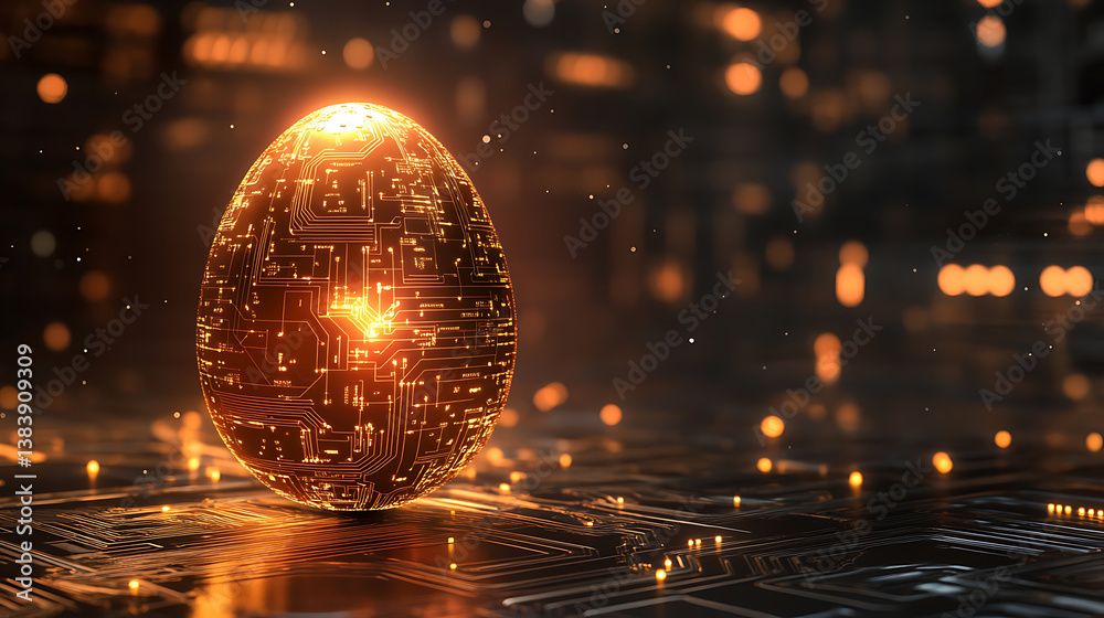 Poster greeting card with abstract 3d egg with circuit board texture, modern illustration