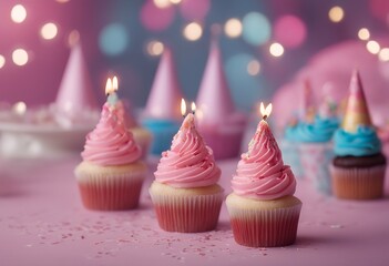 birthday cupcake celebration pink party hats hat fun design nobody colourful object confetti happy accessory sweet stylish event purple bright dessert background festive candle decor celebrate