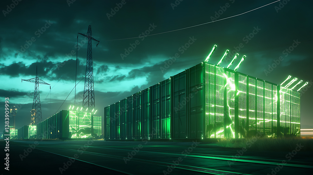 Poster grid energy storage containers visualized in a concept sketch in green colors, essential parts of th