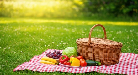Picnic basket with fruits and vegetables on a checkered blanket in a green meadow in bright sunlight