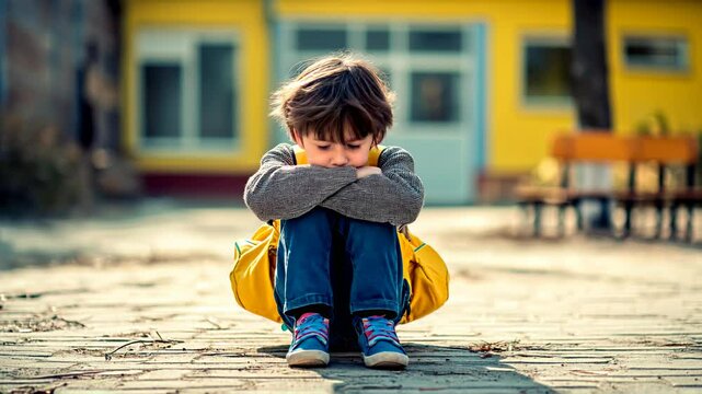 Sad Crestfallen Crying child boy sitting on the floor at the schoolyard