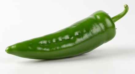 Vibrant Green Pepper - Shiny green pepper, curved shape, smooth surface, bright white background, fresh produce. Symbolizes: freshness, health, vitality, spice, flavor