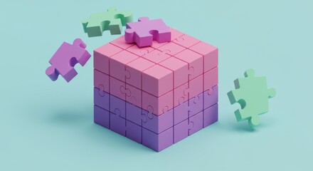 Naklejka premium Vibrant Puzzle Cube: Unity and Creative Solutions - Symbolizing teamwork, innovation, problem-solving, collaboration, and strategic thinking through a playful puzzle cube