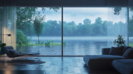 Large glass window showing big window onto water on living room