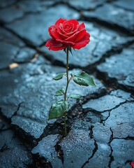 A single red rose growing through a cracked concrete sidewalk, symbolizing hope and resilience, dramatic lighting, high-contrast textures, ultra-sharp details, professional fine-art photography