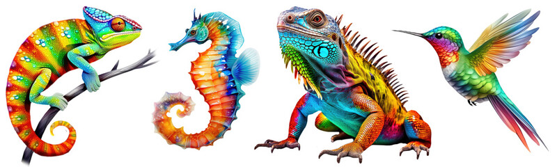 Colorful Animals including a chameleon, seahorse, iguana, and hummingbird