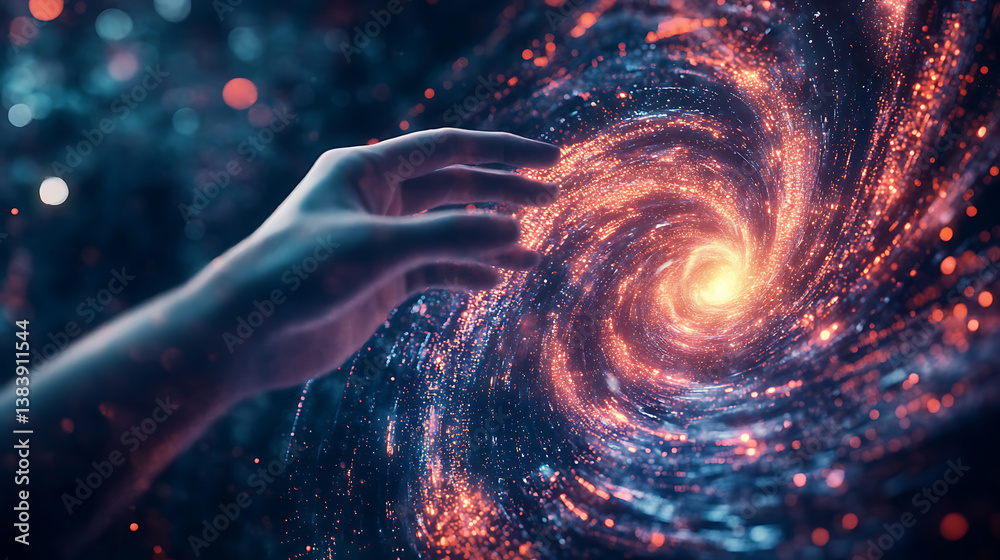 Leinwandbilder hand touching impressive vortex of data and light particles, innovation and discovery concepts