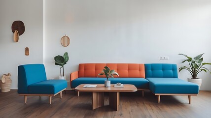 Minimalist interior design of modern living room blue and orange sofa...