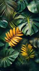 Lush Tropical Leaves in Green with Yellow and Gold Accents

