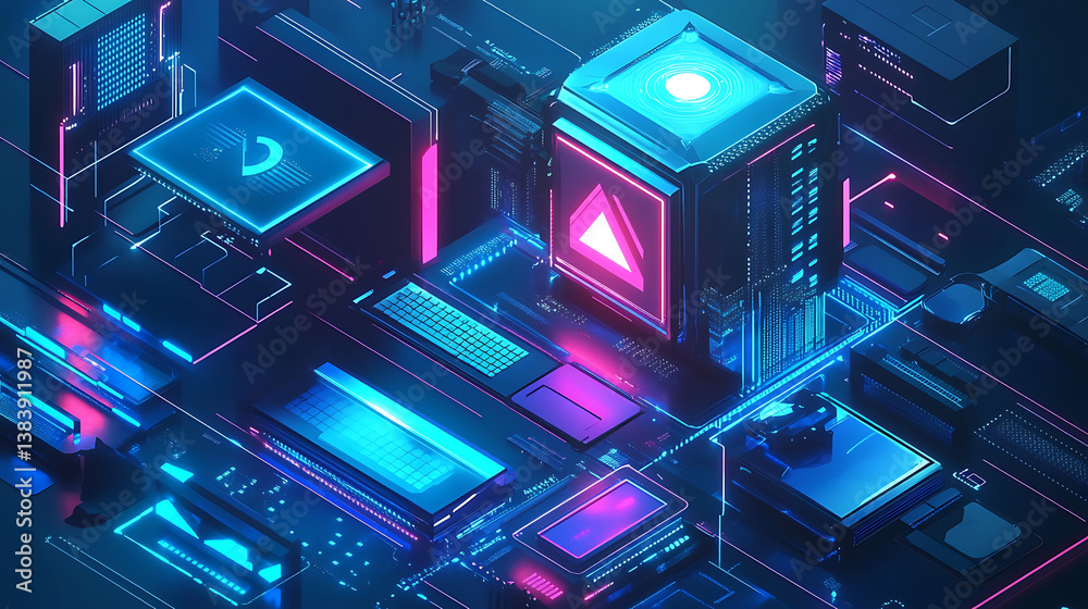 Poster hardware and software computer technology background, futuristic modern illustration in blue neon co