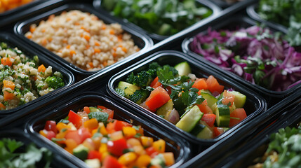 Obraz premium Healthy meal prep with fresh vegetables and grains in containers, ideal for diet planning and portion control