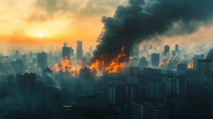 Heavy black smoke rising over burning city during fire