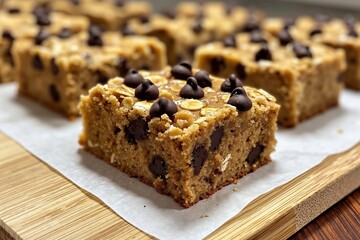 A close up of a piece of chocolate chip cookie bars on a cutting board