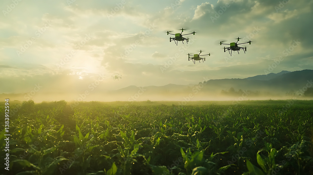 Poster high-tech agricultural drones flying over a vast farm field, demonstrating advanced spraying capabil