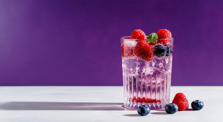Refreshing mixed berry cocktail with raspberries and blueberries on purple background