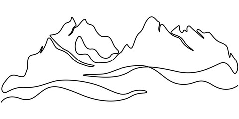 One continuous line drawing of mountain range landscape, Continuous one line drawing rocky mountains near the lake. Mountain landscape. Mountain lake. Rocks in the water.One continuous line isolated.
