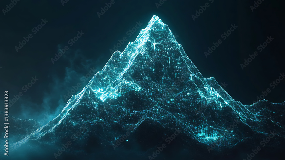 Poster hologram style mountain peak symbolizes the pinnacle of success and achievement in the era of digita