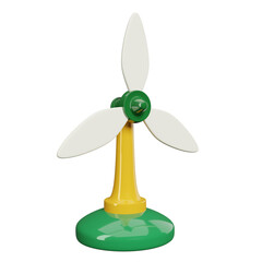 The image showcases a brightly colored, toy wind turbine with white blades, and green and yellow components.