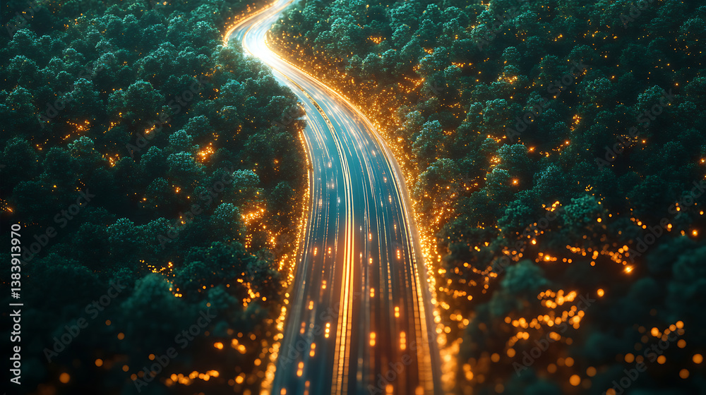 Poster Light trails defining a road, internet trasfer speed concept digitization and networking concept