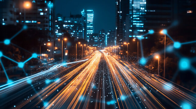 Light trails defining a road, internet trasfer speed concept digitization and networking concept