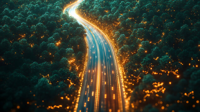 Light trails defining a road, internet trasfer speed concept digitization and networking concept