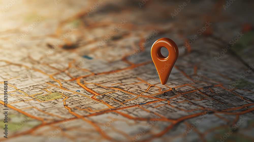 Poster Location marking with a pin on a map with routes